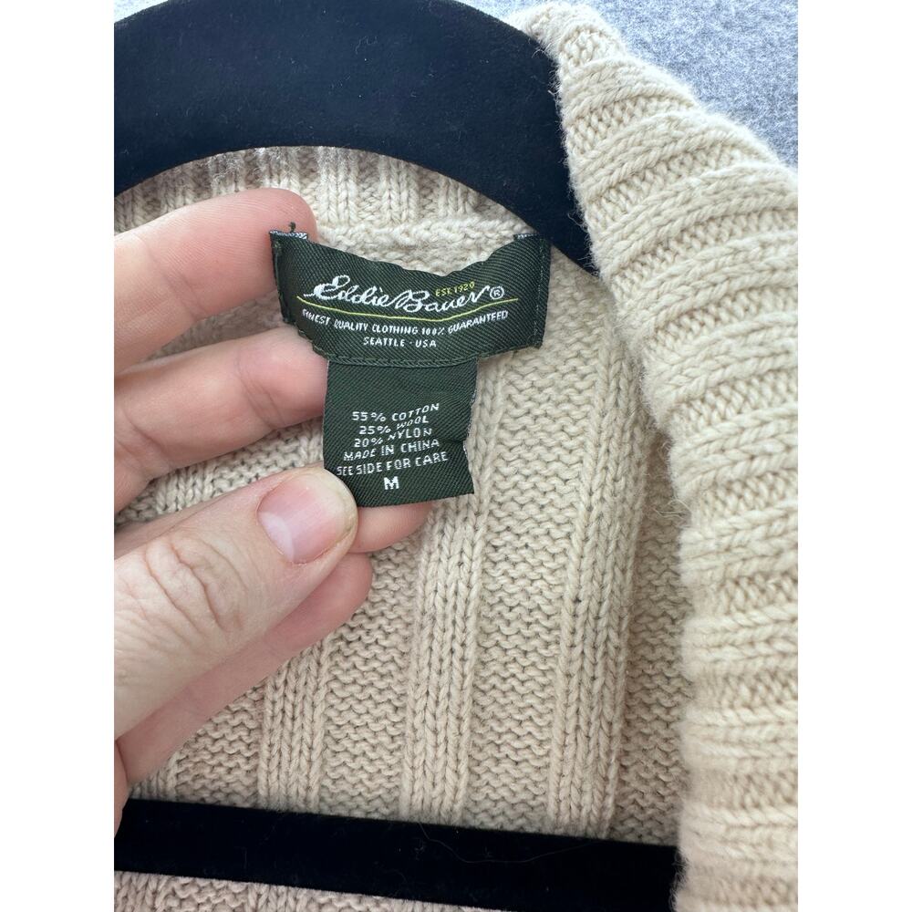 VTG Eddie Bauer Women's sz M Cotton Laine Wool Cream Chunky Knit Cardigan Y2K - Picture 3 of 8